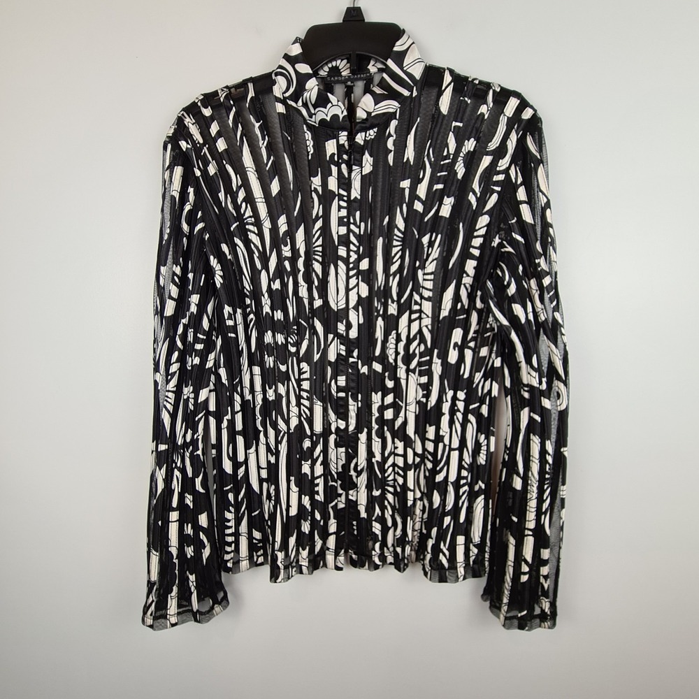 Sandra Darren Black Ivory Mesh Stripe Blouse‎ Light Zip Jacket Bell Sleeve Sz 10